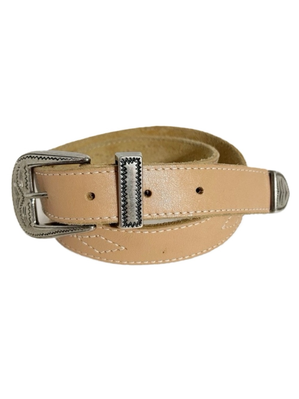 Unbranded Tan Leather Belt with Silver Toned Buckle Belt Keeper Tip Stitching